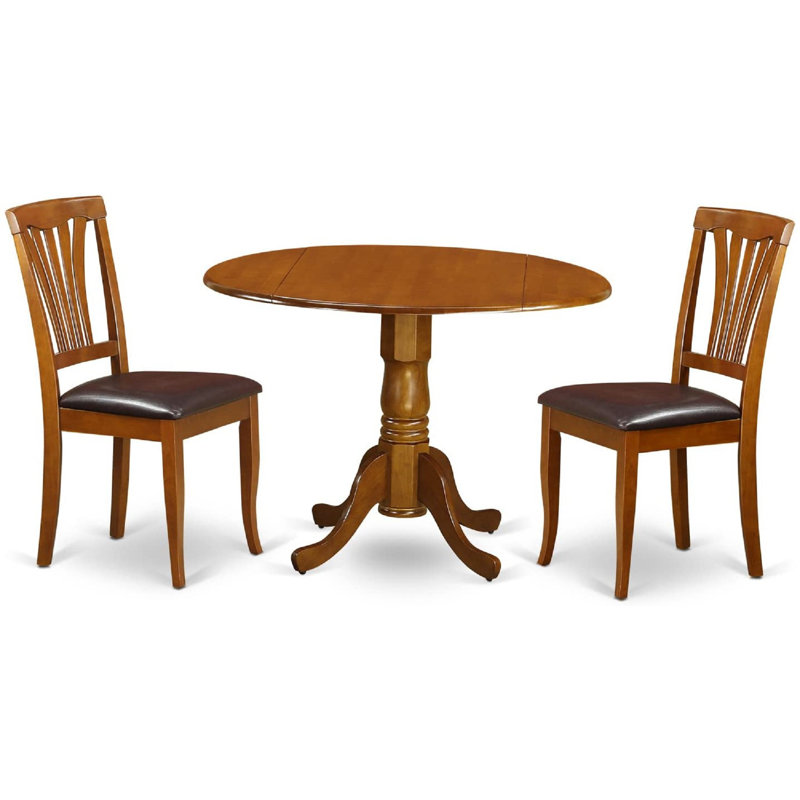 3 Piece Dining Set Contains a Round Dining Table with Dropleaf and 2 Faux Leather Kitchen Room Chairs, 42x42 Inch, Saddle Brown