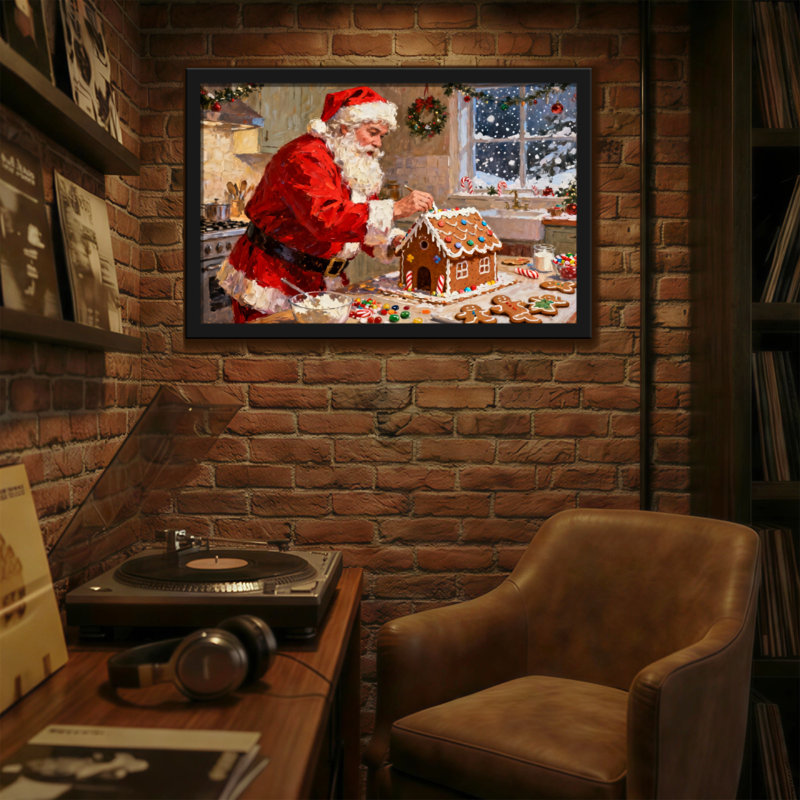 Scène de cuisine de Noël père Noël décorant une maison en pain d'épice, H 12 po x l 18 po