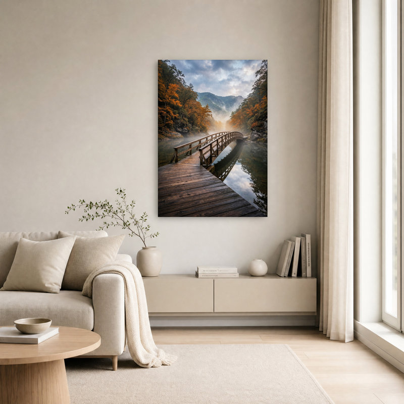 «Arched Wooden Bridge Over Misty River in Autumn Forest», art mural sur toile, H 24 po x l 16 po