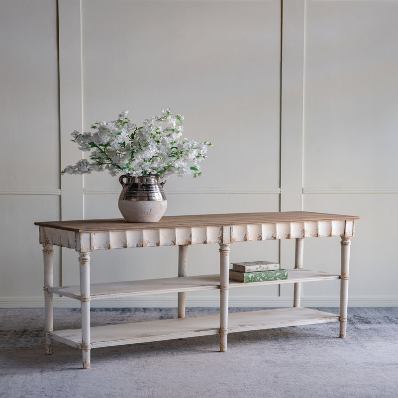 Console 63 po à 3 niveaux, bois vieilli pour entrée - blanc / beige