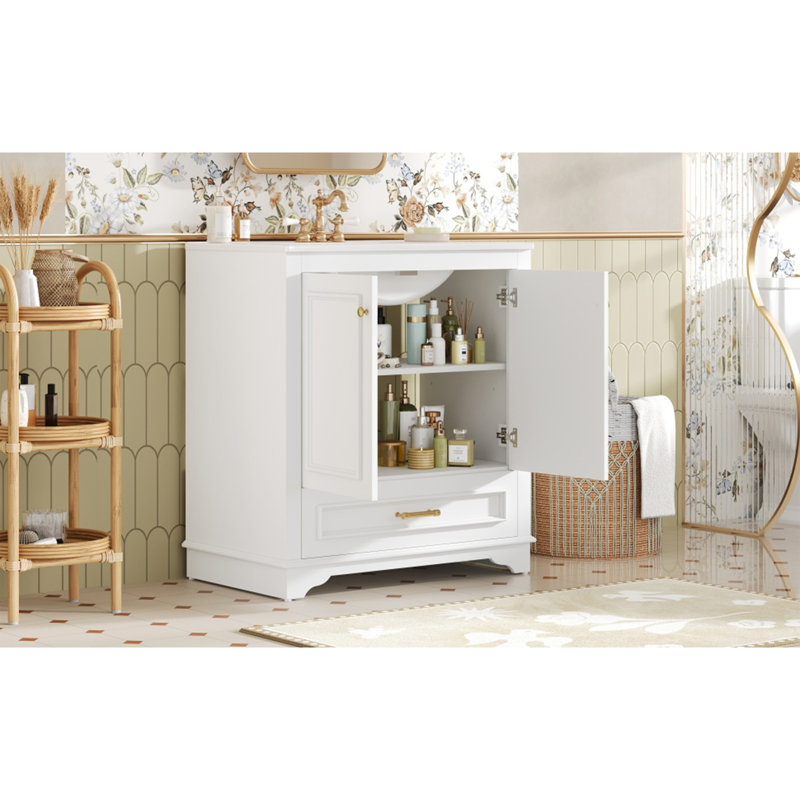 Meuble-lavabo de luxe 30 po avec lavabo en céramique, meuble-lavabo avec 2 grandes portes à fermeture douce, meuble de rangement en bois massif