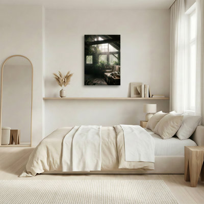 «Green Ferns and Hanging Ivy in Sunlit Wooden Room», art mural sur toile