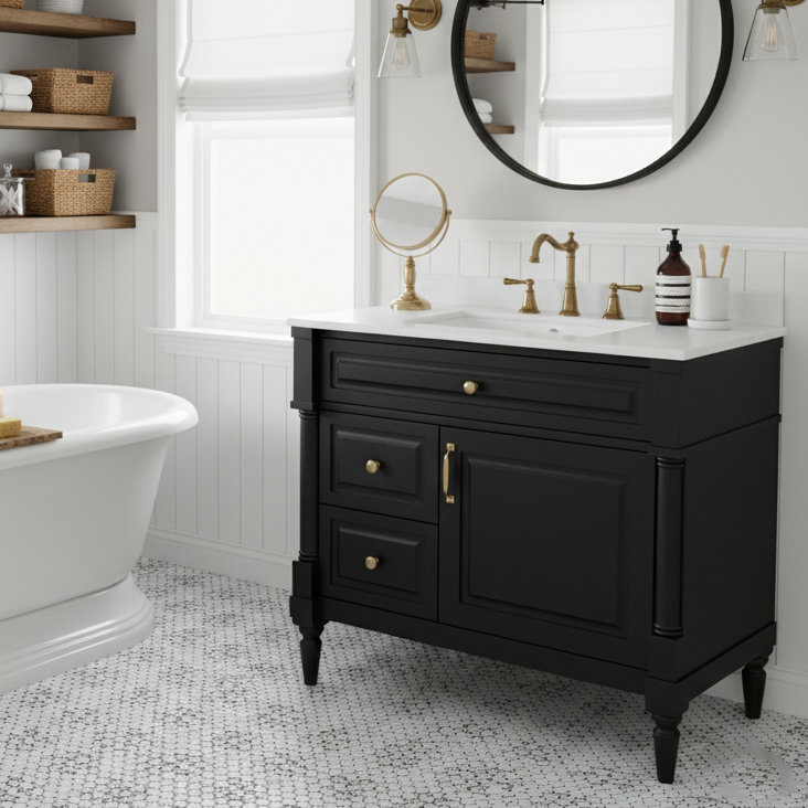 Meuble-lavabo simple 36 po avec lavabo en céramique et 2 tiroirs et tablette ajustable, Noir