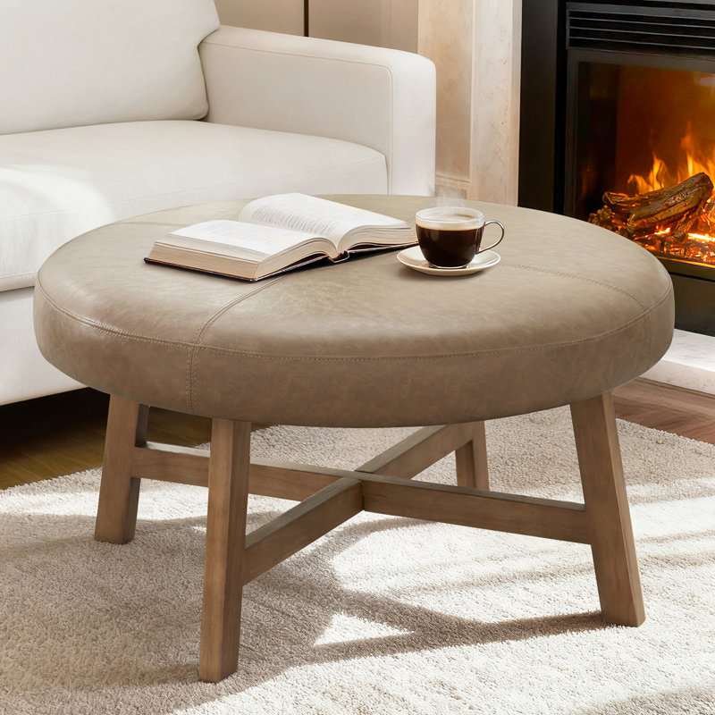 33.1" Round Leather Coffee Table, Light Brown