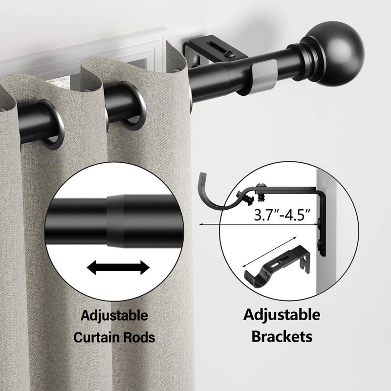 Premium-Quality Adjustable Plain Metal Curtain Rod for Heavy Room Darkening Panels (with Finials), 160cm - 300cm, Matte Black