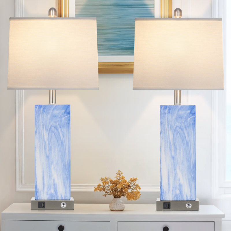 28" Coastal Blue Ceramic Dimmable Table Lamp With 3-way Touch Control, Usb & Type-c Ports