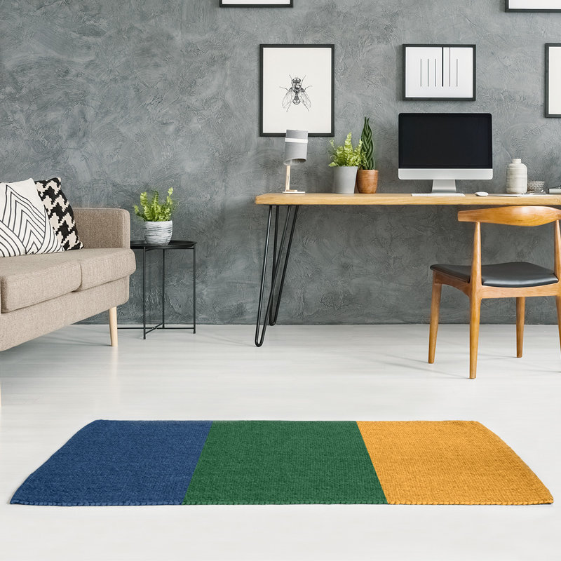 Tapis à rayures bleu marine/vert/doré, Rectangle 7 pi x 5 pi
