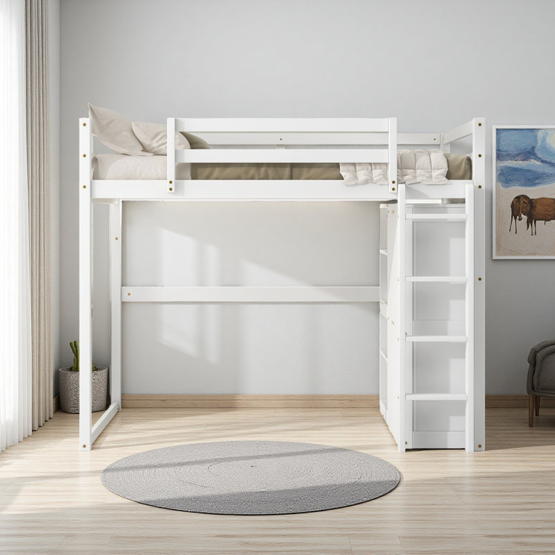 Lit mezzanine double en bois avec garde-robe intégrée et tablettes de rangement, lumière DEL, Blanc