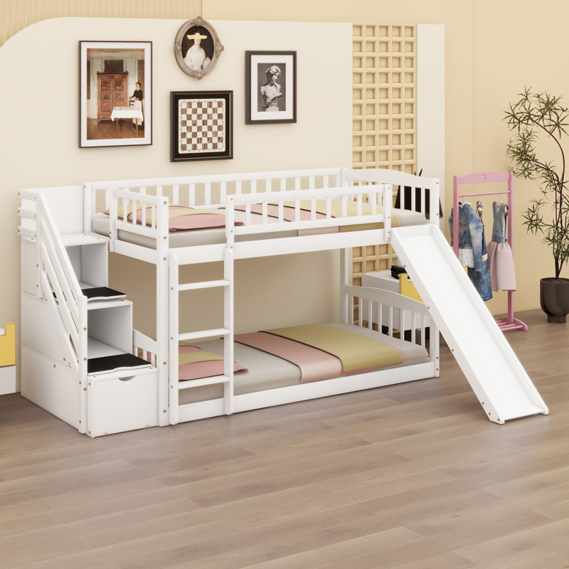 Bunk Bed With Storage Stairway And Slide, White