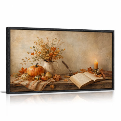 Art sur toile orange citrouille orange et fleurs séchées sur table rustique