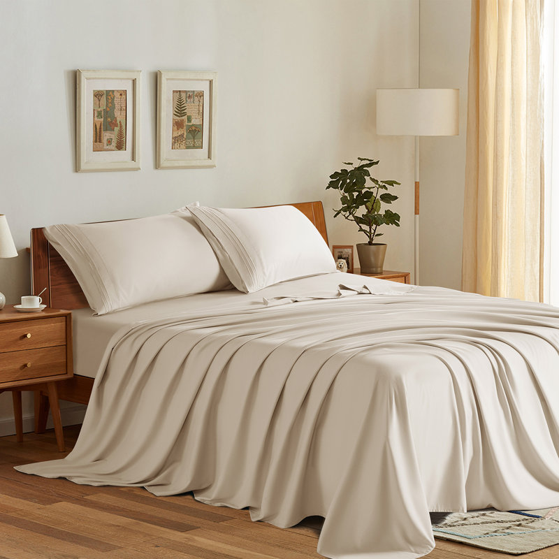 Microfiber Sheet Sets 4 Pieces, King SheetSet 1FittedSheet & 2 King Pillowcase, Beige