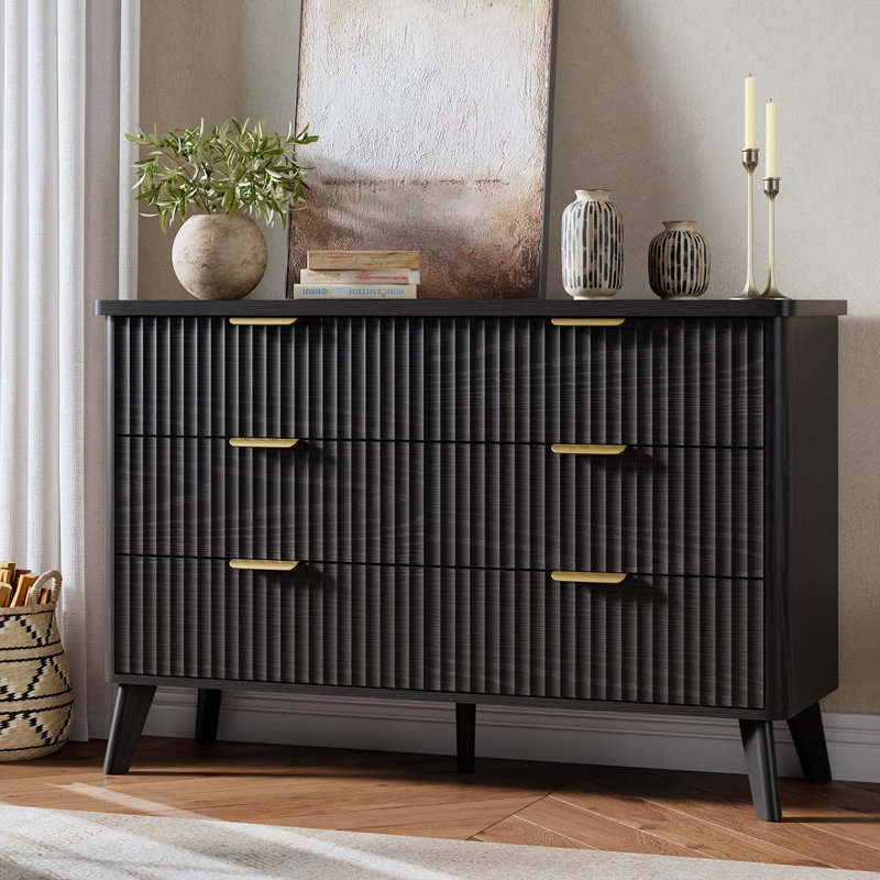 Modern 6 Drawer Dresser, Wide Fluted Wood Chest with Gold Handle, Curved Design, Sturdy Storage Cabinet for Bedroom, Living Room
