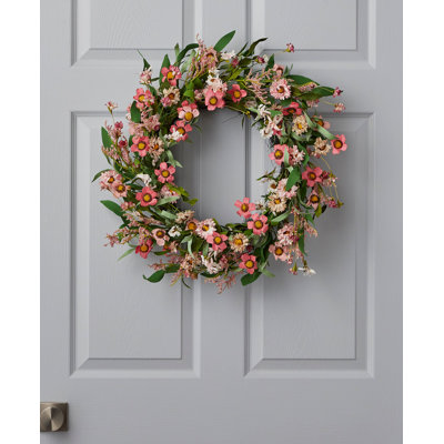 24" Faux Pink Posey and Zinnia Front Door Summer Wreath
