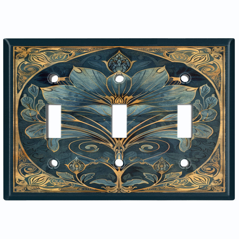 Couvercle de plaque d'interrupteur en métal; Bascule à 3 bandes US standard - Fleur Art Nouveau élégante, Triple # 3
