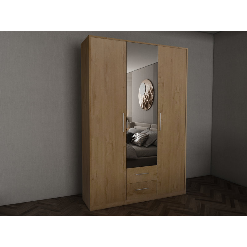 Pamel 3 Door Manufactured Wood Wardrobe, 199 H x 135 W x 58 D cm, Oak