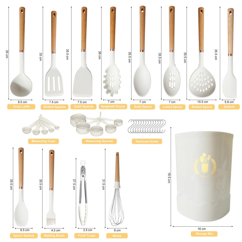 Ephratah Kitchen Utensil Set Silicone, 33 Pieces Cookware, Natural Wood Handles(White)