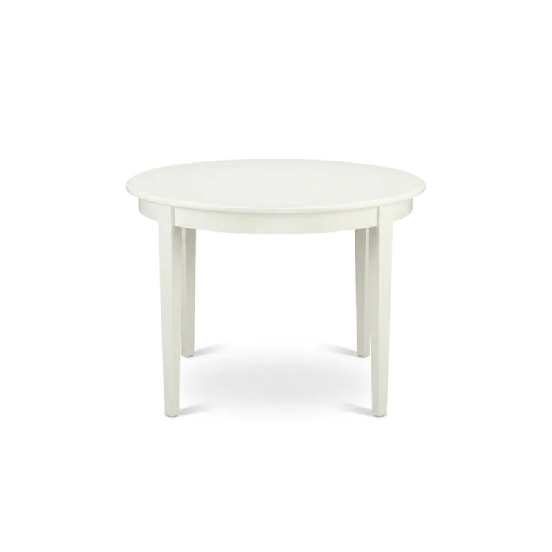 Ensemble de salle à manger rond 5 pièces en bois d'hévéa blanc lin avec chaises Parson rembourrées en tissu lin fumé et dossiers capitonnés.
