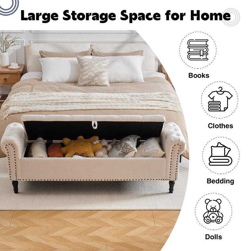 Lunara Upholstered Storage Bench for Bedroom End of Bed King Size with Button-Tufted Seat and Roll Arms, 67''W, Linen Beige