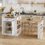 Console d'îlot extensible avec tiroirs, armoire à deux portes et tablettes ouvertes. Sert de table de salle à manger, de bar pour le petit-déjeuner temporaire et de salon de thé l'après-midi, blanc