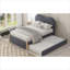 Lit plateforme tapissier simple avec lit gigogne escamotable et pieds de support en bois massif, aucun sommier requis, ton gris
