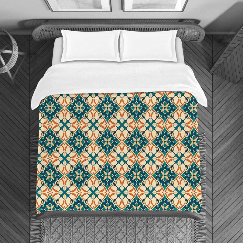 Housse de couette moderne années 1970 beige, Housse de couette pour lit simple, Beige / bleu foncé géométrique