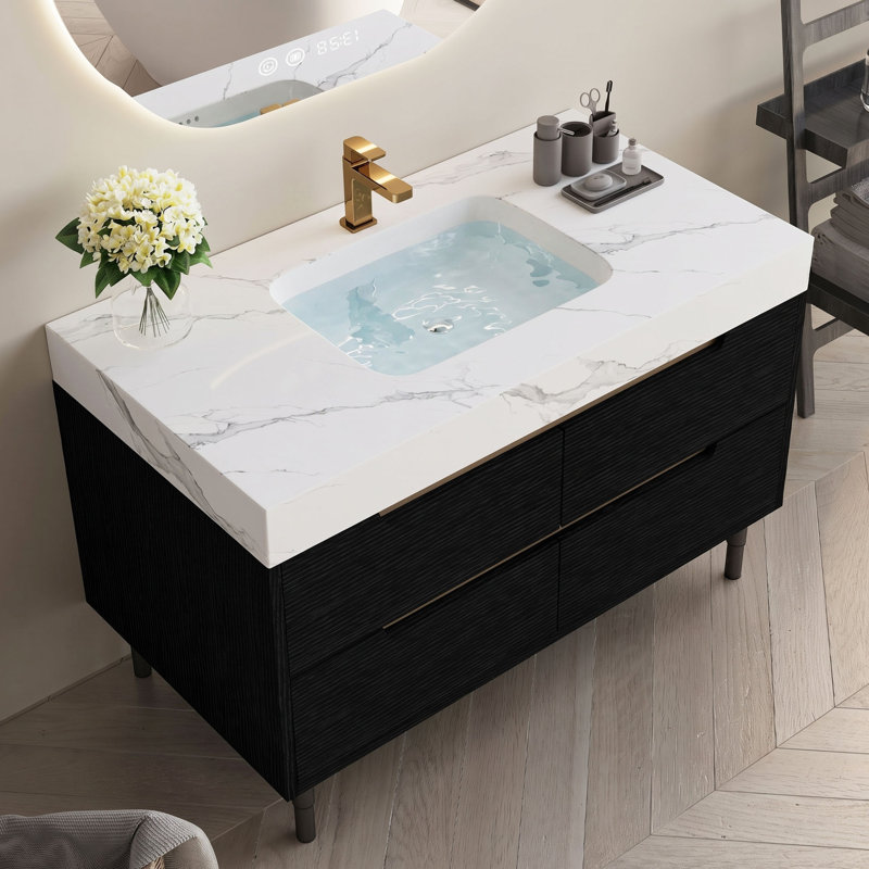 Meuble-lavabo moderne 35,4 po avec lavabo et plateau en pierre frittée, bois multi-couches imperméable, rangement de tiroirs, autoportant et mural