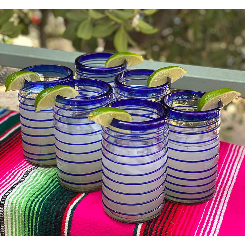 Mexican Hand Blown Glassware - Blue Spiral Tumbler Glasses, 14 Oz
