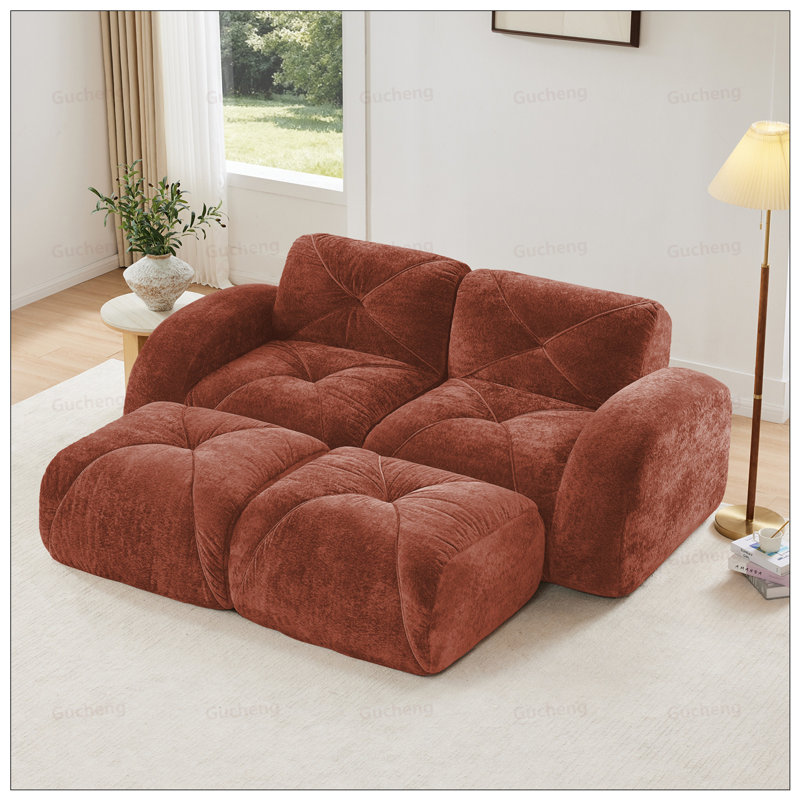 Canapé en U en velours désossé avec design touffeté, éponge haute densité, repose-pieds mobile, sans assemblage requis, rouge