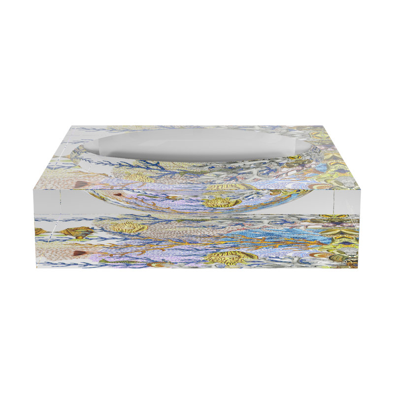 Fan Coral Reef Blue Gold Square Abstract Decorative Tray, 6"W x 6"D x 2"H