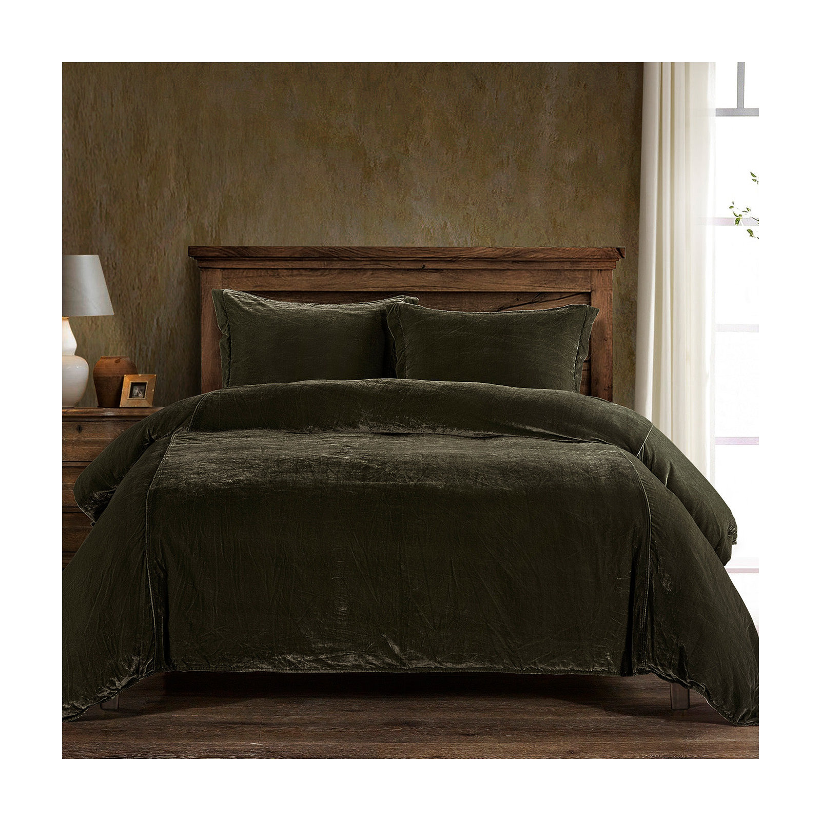 Stella Faux Silk Velvet Classic Chic Modern Rustic Romantic Western Duvet Cover Set, Queen Duvet Cover + 2 Standard Shams
