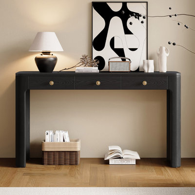 Chery 52'' Wooden Curved Console Table With 3 Concealed Drawers and Simple Assembly, Sturdy Sofa Table with Thick Legs