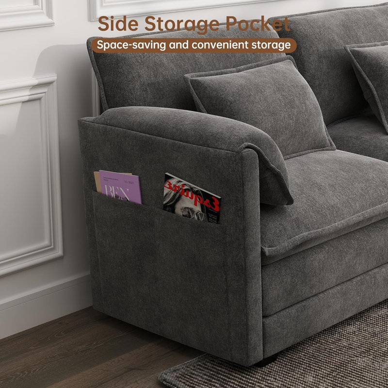Canapé modulaire en chenille gris foncé 145 po 4 places | Coussins doubles, structure flexible, coussins de fermeture à glissière, velcro, poches latérales