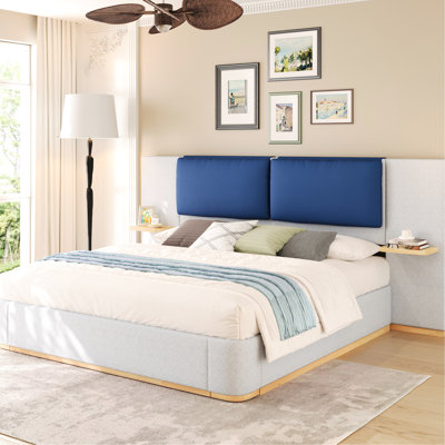 Très grand cadre de lit plateforme tapissier très grand, bleu et gris, coins arrondis, tablettes latérales pour les articles, expérience de confort semblable au nuage, coussins en cuir souple, conception à blocs de couleur, pu