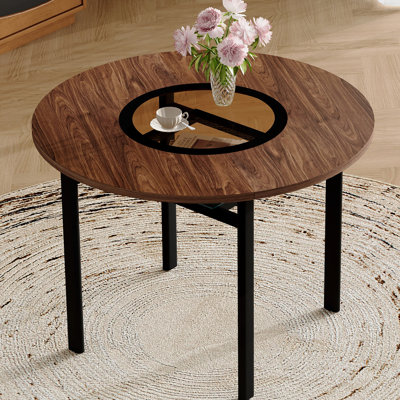 Table de salle à manger ronde moderne minimaliste de 42 po en grain de bois brun convenant à 4 à 6 personnes (incrustation de verre brun + support stable en métal, convient à de multiples cas de figure).