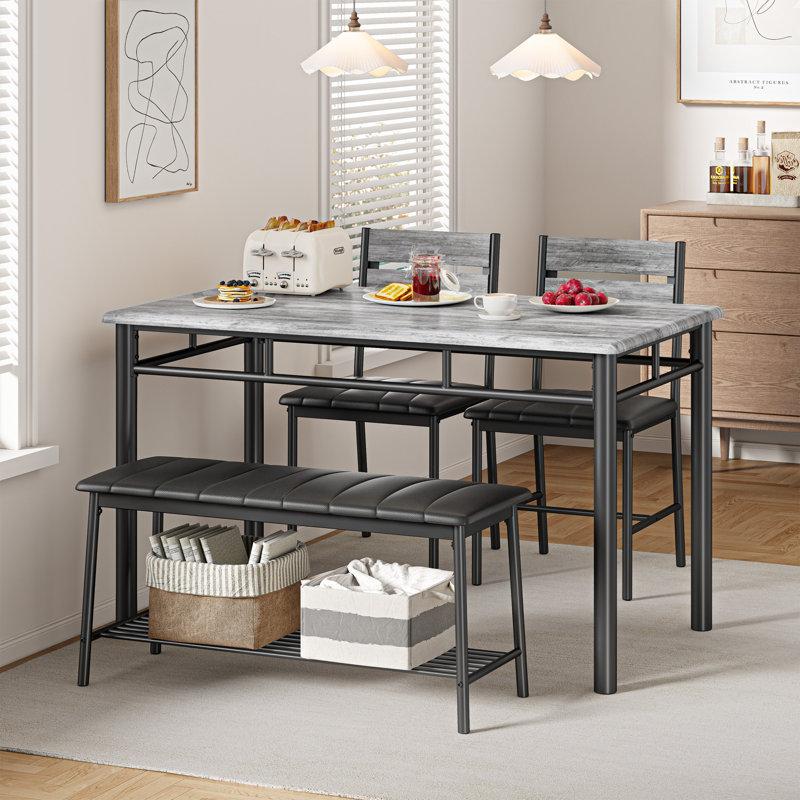 4-Piece Dining Table Set For 4, Kitchen Table With Pu Upholstered Bench and 2 Dining Chairs, Gray