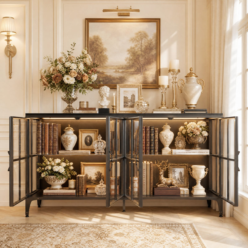 Armoire d'appoint 4 portes avec verre trempé et lumières réglables