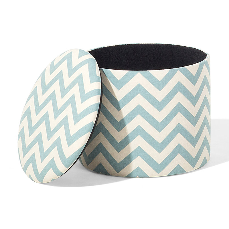 35cm Wide Round Chevron Cube Ottoman with Storage, Blue and white