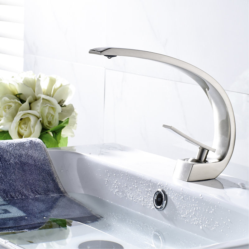 Robinet de lavabo moderne en nickel brossé - Monotrou avec forme géométrique et valve de remplissage en céramique