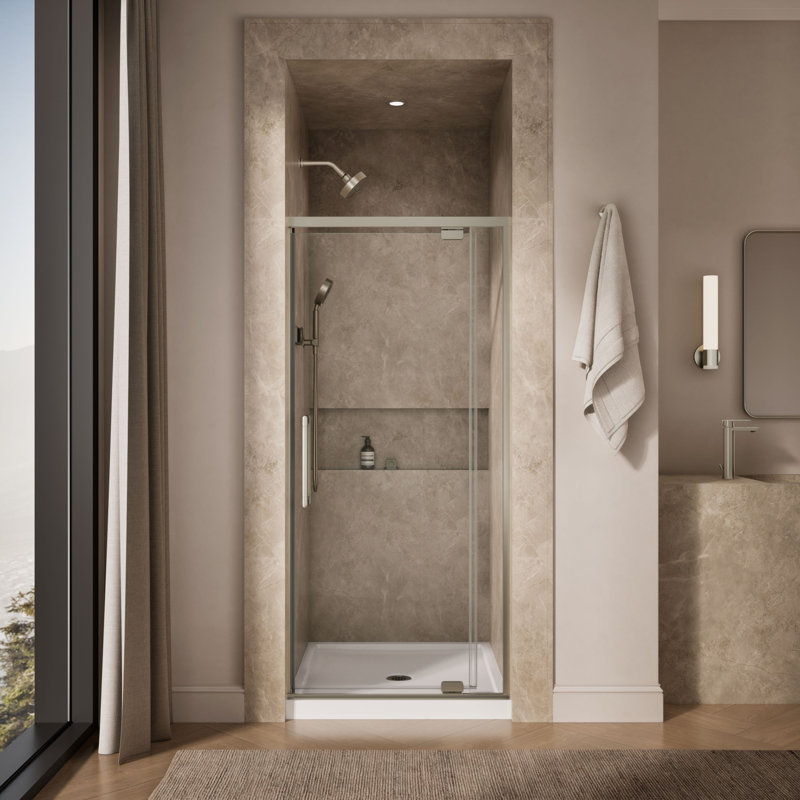 Statement76" H Pivot Shower Door With 5/16"-Thick Glass, Brushed Nickel