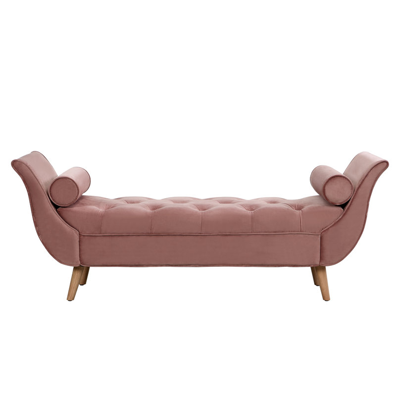 Upholstered Velvet Bench, End Of Bed Bench With 2 Pillows, Upholstered Button Tufted Ottoman,Footstool With Rolled Arms, Foot Rest With Solid Wood Legs