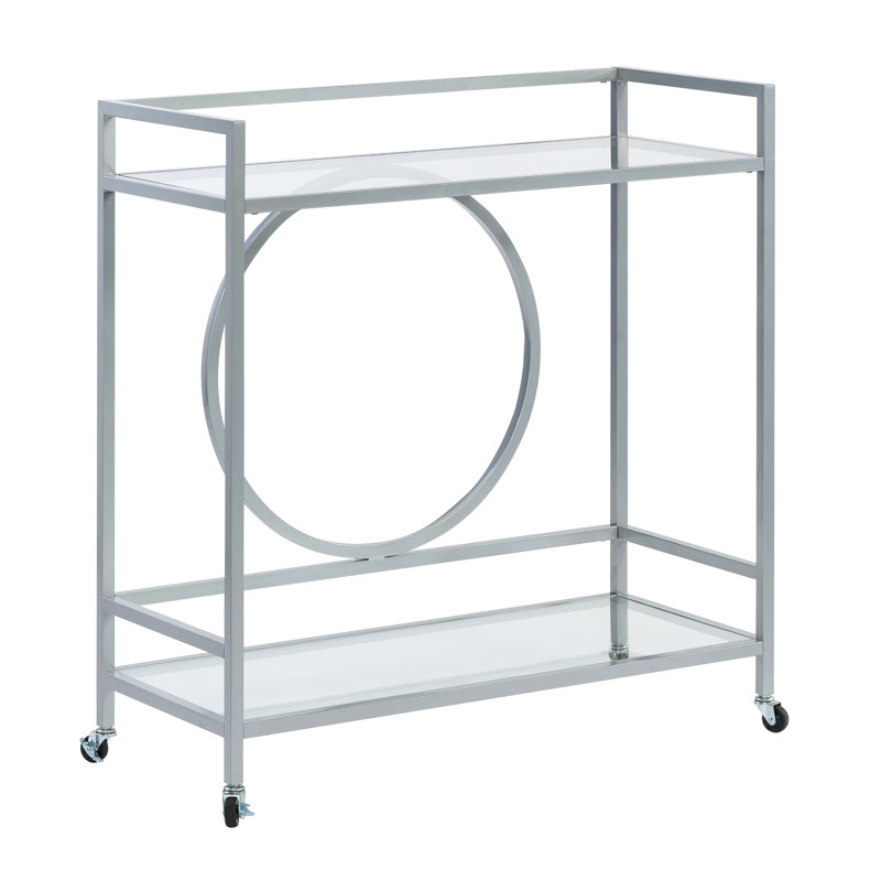 Élégant chariot à roulettes contemporain avec finition grise, verrouillable et deux tablettes en verre pour la cuisine, tablettes stables à longue durée d'utilisation, cuisine, salle à manger facile à assembler