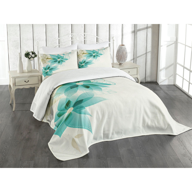 White and Turquoise Floral Quilted Queen Bedspread Set