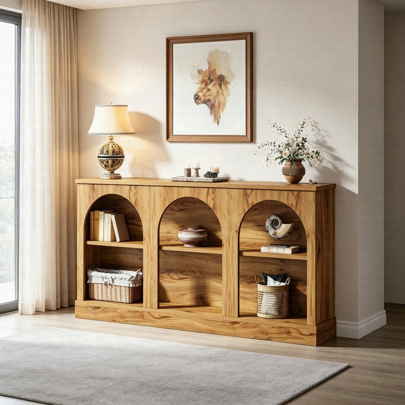Console 63 po, table d'entrée avec rangement à 3 niveaux, canapé rustique pour le couloir et le salon, Bois naturel