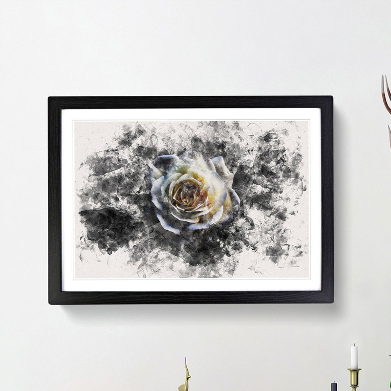 A Crisp White Rose Watercolour - Picture Frame Graphic Art Print, 62cm H x 87cm W x 2cm D, Black Framed