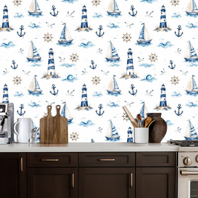 Peel and Stick Wallpaper Blue sailboat watercolor White nautical lighthouse anchor sea Contact Paper Removable Self Adhesive Wall Mural Wall Decor for Bedroom Kitchen Cabinets 24in x 118in