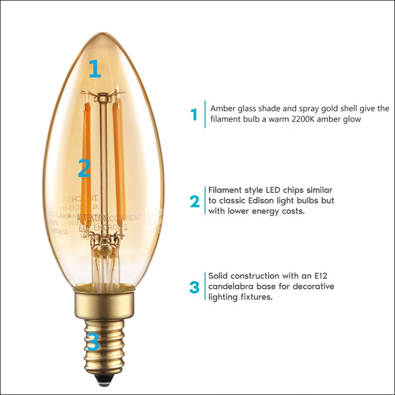 Ampoule DEL à intensité variable C11, 40W Eqv. Homologué UL, base E12, ampoules candélabres rétro
