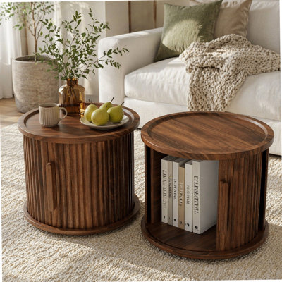 Ensemble de tables basses rondes 2 pièces, tables d'appoint gigognes modernes avec rangement à porte coulissante, table de bout avec canapé au fini noyer et table de chevet pour le salon et la chambre à coucher