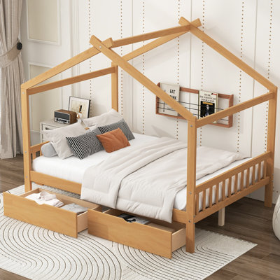 Lit plateforme House avec tiroirs, tête et pied de lit, toit