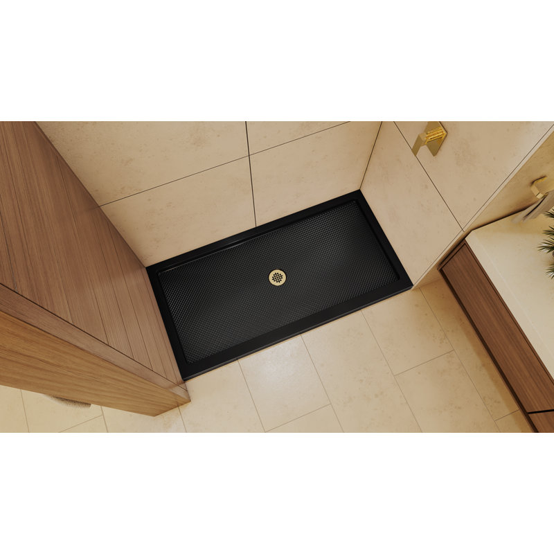 DreamLine SlimLine 32 inch D x 60 inch W x 2 3/4 inch H Single Threshold Black Alcove Shower Base with 2 inch Polished Brass Center Round Drain