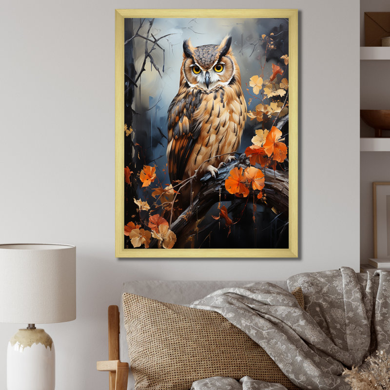 " Brown Owl Overture III ", 20" H x 12" W x 1" D, Gold Picture Framed